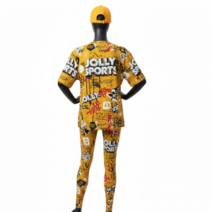 Ensemble de leggings en coton doux de haute qualité 200 GSM, extensible avec élasthanne, couleur jaune moutarde, logo imprimé par sublimation graffiti, pour femmes - Product Image 2