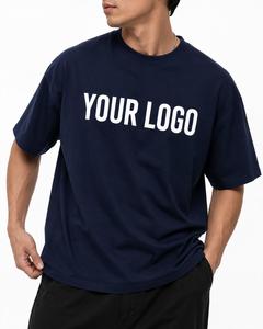 Camiseta de Manga Corta con Cuello Redondo y Logotipo Personalizado Azul Marino para Hombre, Estampado de Logotipo Blanco, Estilo Jersey Informal, Top de Algodón Grueso de Gran Tamaño - Product Image 1