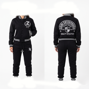 Premium 320 GSM Cotton Polyester Fleece Solid Black White Varsity Tracksuit Custom Applique <b>Embroidery</b> Logo Jogger <b>Set</b> - Product Image 1