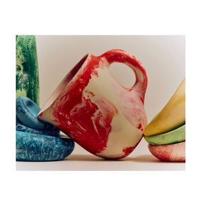 Modern <b>Ceramic</b> Water Jug With Handle Red White Marbled Design For Beverage Serving Available at Worldwide Supply - Product Image 1
