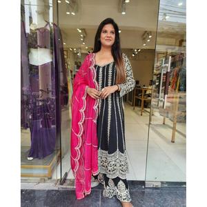 DERNIÈRE CHINON SOIE BRODERIE SEQUENCE TRAVAIL ROBE BAS AVEC DUPATTA NOIR - Product Image 1