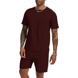 Men's Burgundy Cotton T-Shirt and Shorts Set Crew Neck Short Sleeve Solid Color Casual Summer Wear Breathable Knitted <b>Fabric</b> - Product Image 4
