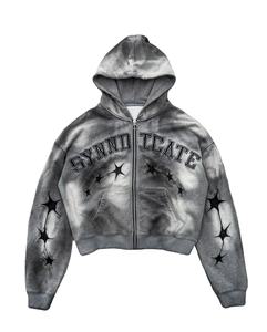Sweat à capuche zippé personnalisé lourd 100% coton Streetwear Sweat homme lavé à l'acide Patch en strass Applique Sweat à capuche délavé au soleil - Product Image 1