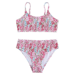 Conjunto de Bikini Floral de 2 Piezas para Mujer, Top Fruncido, Shorts de Cintura Alta, Estampado Digital, Traje de Baño Elástico, Ropa de Playa, Fabricante OEM con Logotipo Personalizado - Product Image 3