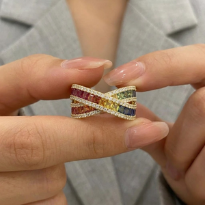 China Manufacturer Good Quality Rainbow Princess Jewelry 18k Solid Yellow Gold Real Diamond Blue Sapphire Rainbow Ring for Women - Product Image 4