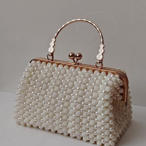 "Luxury Handcrafted Ivory Pearl Beaded Handbag - Exquisite Wedding Bridal <b>Purse</b> with Rose Gold Metal Frame and Designer Top - Product Image 4