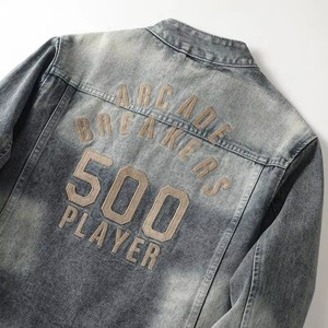 Chaqueta vaquera vintage personalizada para hombre, con cuello alto y cremallera, estilo casual, OEM, ropa de calle, moda, prenda exterior. - Product Image 4