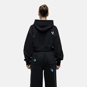 Sudadera con Capucha Corta Negra para Mujer con Mariposas Bordadas, Sudadera con Cierre, Manga Regular, Tejido de Algodón, Ropa de Otoño - Product Image 2