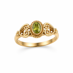 Bague ovale en péridot naturel, ton or, bande en filigrane, style vintage, faite à la main, élégante, bijou de créateur pour femme - Product Image 1
