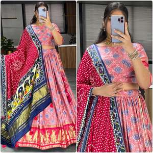 Traje Tradicional Formal del Sur de la India, Lehenga Choli de Seda Kanchipuram, Tejido Zari, Dupatta de Encaje Georgette, para Fiestas y Bodas - Product Image 2