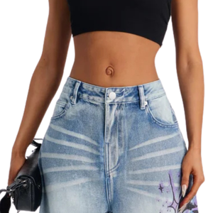 Jean en denim pour femme, taille mi-haute, coupe large, ample, décontracté, respirant, été, bleu délavé, imprimé graphique, style streetwear - Product Image 3
