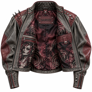 Charcoal Maroon Women Genuine Leather <b>Biker</b> <b>Jacket</b> Custom Dj <b>Girl</b> Graphic Printed Puff Balloon Sleeve Spiked Outerwear - Product Image 5