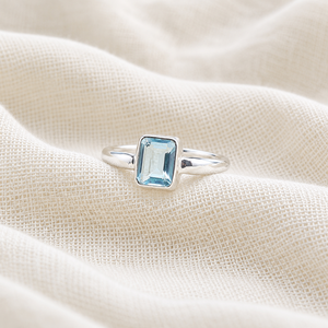 Minimalist 925 Silver <b>Ring</b> with Emerald Cut Blue Topaz Gemstone <b>Statement</b> Jewelry <b>for</b> <b>Women</b> Any Occasion Wear - Product Image 2
