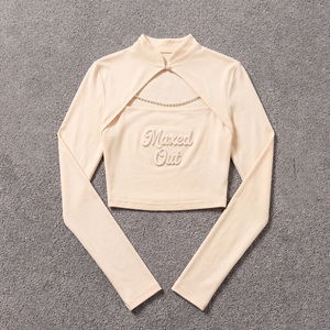 Women's Beige Puff Embroidered Knitted Crop Top Mandarin Collar Cut-Out Detail women's shirt Y2K Full Sleeve Blouse Customized - Product Image 3