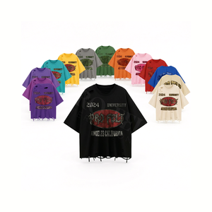 Solid Plain Oversized Distressed T-Shirt Men Hip Hop Breathable Vintage Style Streetwear Casual Summer Drop Shoulder Raw Hem - Product Image 1