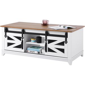 Mesa de Centro Rectangular Estilo Rústico de 48 Pulgadas con 2 Puertas Corredizas y 2 Niveles, Estantes Laterales de Madera Rústica Extraíbles - Product Image 1