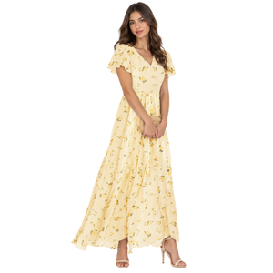 Vestido Largo Informal para Mujer, Estampado Floral, Manga con Volantes, Cuello en V, Holgado, Transpirable, para Primavera/Verano - Product Image 1