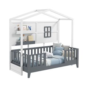 Lit Montessori en bois massif pour enfants avec barrières de sécurité et 2 étagères pour chambre d'enfant - Product Image 1
