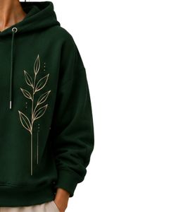 Sweat-shirt à capuche surdimensionné pour femme vert foncé, imprimé floral, en molleton de coton, manches longues, style décontracté streetwear - Product Image 4