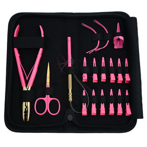 High Quality Pink Salon Hair Extension <b>Tool</b> <b>Kit</b> with Microlink Loop <b>Tool</b> Sewing Needles Parting Finger and 2 Hole Crimping Plier - Product Image 1