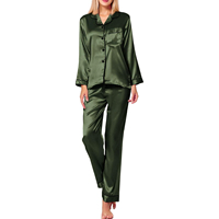 Ensemble de pyjama en satin pour femmes, manches longues, couleur unie, col rabattu, fermeture à boutons, vêtements de nuit élégants, vêtements d'automne