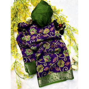 Sari en soie violette de qualité supérieure avec bordure florale verte – Sari traditionnel indien pour les occasions spéciales - Product Image 1