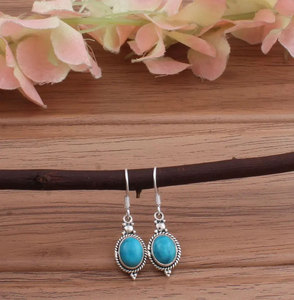 Sterling <b>Silver</b> Turquoise Drop <b>Earrings</b> Natural Blue Cabochon <b>Dangle</b> Boho Vintage Style Wedding Party Jewelry Gift for Women - Product Image 3