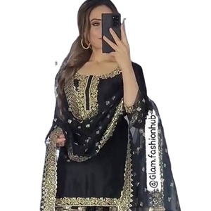 Shalwar Kameez ethnique moderne brodé semi-cousu en faux tulle bleu pour femmes, idéal pour les mariages et les fêtes - Product Image 1
