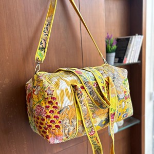 Floral Quilted Duffel <b>Bag</b> <b>Yellow</b> Large Capacity Zipper Closure Weekender Travel <b>Bag</b> Textile Material Hand Block Printed Indian S - Product Image 5