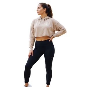 Women's Beige Cropped Hoodie & <b>Black</b> High Waist <b>Leggings</b> Two Piece Activewear Workout Set - Product Image 1