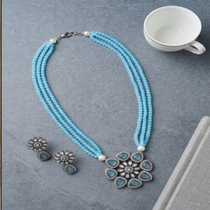DIVYORO Women's Traditional TRIPLE-STRAND <b>BLUE</b> BEAD <b>NECKLACE</b> with FLORAL PENDANT Adjustable Length - Product Image 3