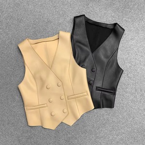 Gilet imperméable en cuir véritable pour femme avec fermeture triple boutonnage en toile, style streetwear - Product Image 6