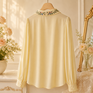 Camisa de Algodón Crema para Mujer, con Bordado de Flores Coloridas, Cuello con Botones, Blusa Casual a la Moda - Product Image 4