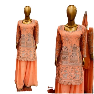 New Fashionable Embroidered <b>Sequin</b> Work Sharara Set Top Dupatta Heavy Chinnon <b>Material</b> Salwar Kameez Women's Indian/Pakistani - Product Image 1