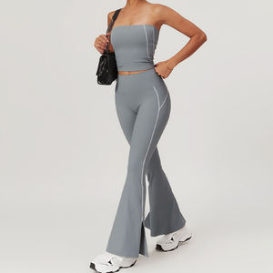 Women's 2 Piece Yoga Set High Waist <b>Flared</b> <b>Leggings</b> Solid Color Seamless Spaghetti Strap Crop Top All Day Support - Product Image 5