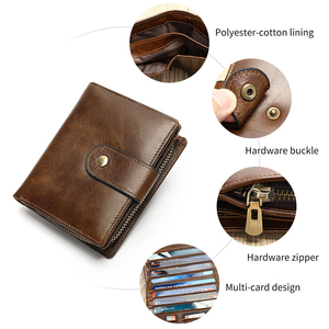 <b>Brown</b> Genuine Leather Trifold <b>Wallet</b> RFID Blocking Card Holder Coin Pocket Zipper Closure Vintage Short Purse - Product Image 3