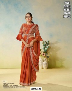 <b>Orange</b> Pure Silk <b>Saree</b> With Stone Embroidery Dual Sequence Work For Wedding Traditional Indian Women Floor Length Regular Fit - Product Image 1