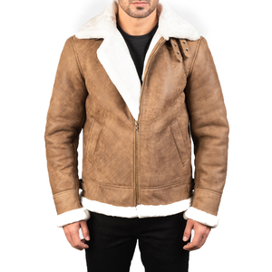 Men's Tan Winter Genuine Leather Streetwear Waterproof Windproof Eco-Friendly Breathable Turn-down Collar Classic Bomber <b>Jacket</b> - Product Image 4