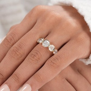 Luxury Cushion Cut Diamond Five Stone <b>Ring</b> Bezel Set Lab Grown 14K Yellow Gold For Unisex Wedding Wishes Gift For Friends - Product Image 4