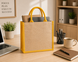 Sac de courses en jute AMANI avec poignée longue, bordure jaune, option logo personnalisé, taille moyenne, pour les courses et les cadeaux - Product Image 5