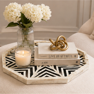 Luxury Handcrafted Bone Inlay Tray Octagonal Black and White Chevron Star Pattern Decorative Serving Platter for Wholesale <b>Home</b> - Product Image 4