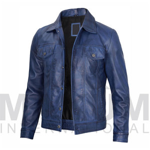 Veste en cuir de vachette bleue pour homme, coupe ajustée, col rabattu, fermeture boutonnée, longueur standard, style motard, veste en cuir bleue - Product Image 2