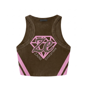 Camiseta Corta Acanalada para Mujer, 280 GSM, Mezcla de Algodón y Poliéster, Marrón y Rosa, Panel en Contraste, Logotipo Personalizado con Pedrería - Product Image 2
