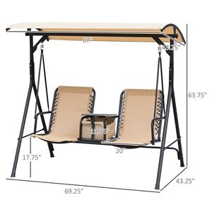 Dondolo da Giardino Beige a 2 Posti con Tettuccio, Seduta Girevole, Tavolino Portaoggetti e Portabicchieri Inclusi per Esterni - Product Image 3