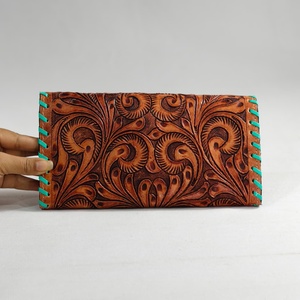 Real Genuine <b>Leather</b> Clutch Hand <b>Tooled</b> Floral Carving Wallet Vintage Multi Uses Credit Cards Cash Wallet Gifts For Women Use - Product Image 2