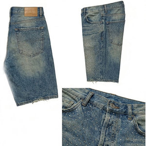 Shorts en jean personnalisés pour hommes 100% coton, coupe ample, avec strass en cristal, ourlet brut, style rétro vieilli, streetwear, hip-hop, été, décontracté - Product Image 5