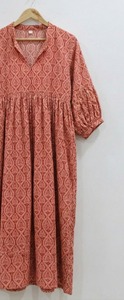 Indian Handmade 100% Cotton V-Neck Puff Sleeve <b>A</b>-<b>Line</b> Midi <b>Dress</b> Hand Block Print Floral <b>Pattern</b> Formal Office Wear Breathable - Product Image 4