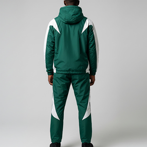 Men's Green <b>White</b> Color Block Hooded Track Suit Set Sporty Streetwear Style Breathable Quick Dry 100% Cotton <b>Jogger</b> Pants Jacket - Product Image 2