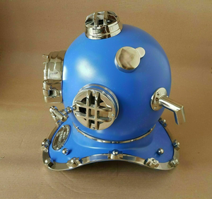 Escultura de Casco de Buceo Antiguo Azul, Plateado, de Acero Inoxidable, Decoración Náutica Marina, Arte Coleccionable, Regalo Empresarial, Metal - Product Image 2