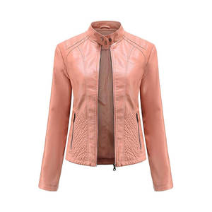 Women's <b>Pink</b> Cow Skin Genuine Leather Windproof Moto <b>Jacket</b> Full Sleeve Stand Collar Quilted Zipper Closure Winter Style - Product Image 1